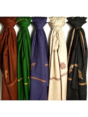 Lot of Five Plain Kingri Shawls with Embroidery on Edges