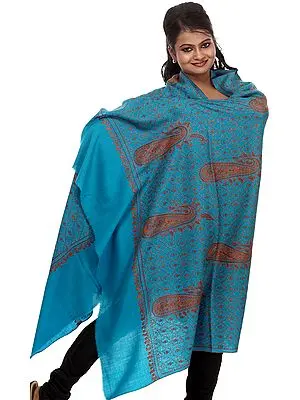 Vivid-Blue Kashmiri Tusha Shawl with Jafreen Jaal Embroidery by Hand