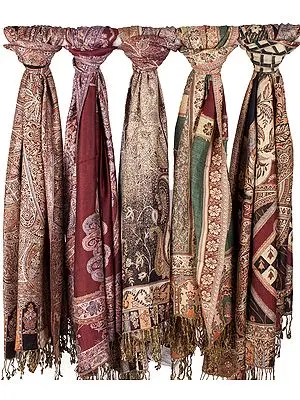 Lot of Five Silk-Rayon Jamawar Stoles