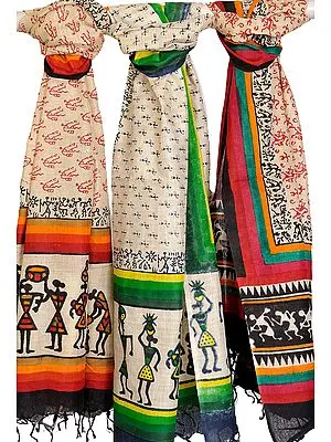 Lot of Three Dupattas from Jharkhand with Folk Warli Print