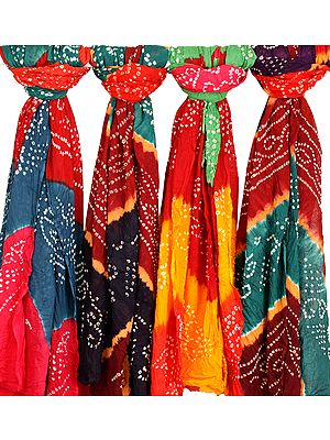 Lot of Four Bandhani Tie-Dye Dupattas from Jodhpur