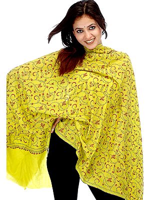 Yellow-Green Tusha Shawl from Kashmir with All-Over Jaal Embroidery