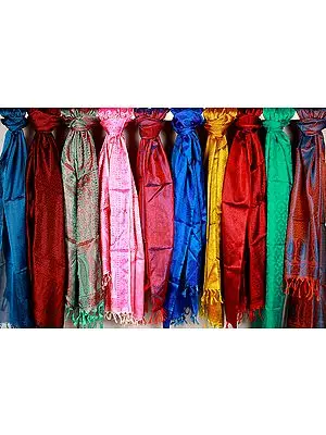 Lot of Ten Pure Silk Jamawar Stoles with Tanchoi Weave