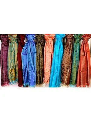 Lot of Ten Pure Silk Stoles with Tanchoi Weave