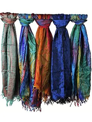 Lot of Five Pure Silk Stoles with Tanchoi Weave