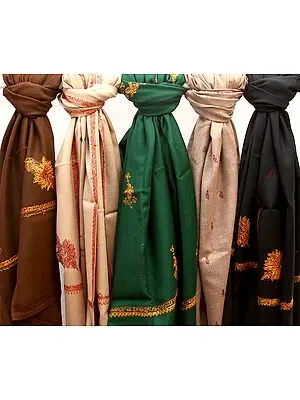 Lot of Five Plain Shawls with Embroidery on Edges