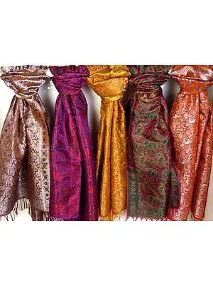 Lot of Five Banarasi Stoles with Elephant Motifs