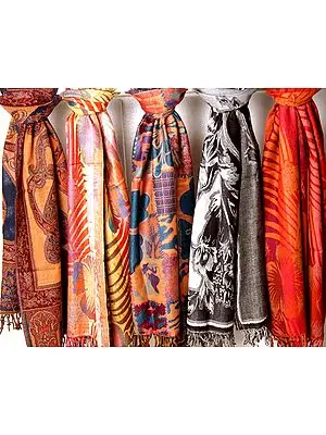 Lot of Five Jamawar Stoles with All-Over Weave