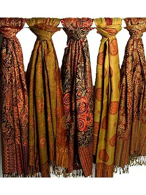 Lot of Five Jamawar Scarves with All-Over Weave
