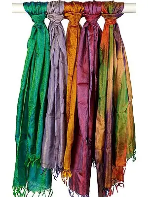 Lot of Five Pure Silk Stoles with Tanchoi Weave