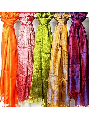 Lot of Five Plain Pure Silk Stoles from Banaras