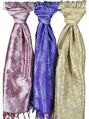 Lot of Three Handwoven Stoles with Woven Ganeshas