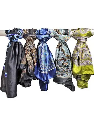 Lot of Five Satin Printed Scarves