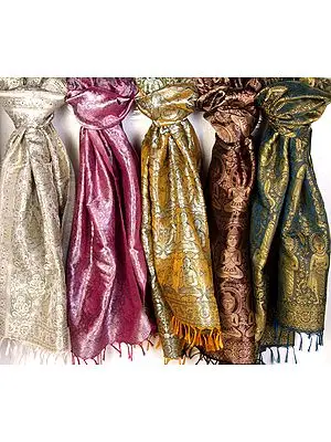 Lot of Five Silk Stoles of Buddha, Shiva, and Ganesha