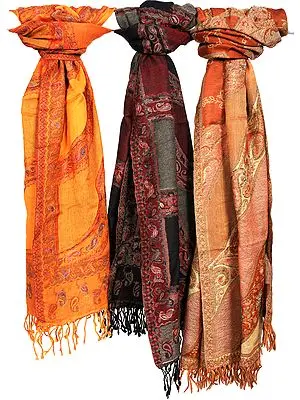 Lot of Three Boiled-Wool Stoles with Embroidery