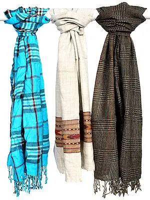 Lot of Three Assorted Pure Wool Scarves with Self-Weave