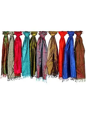 Lot of Ten Pure Silk Scarves with Tanchoi Weave