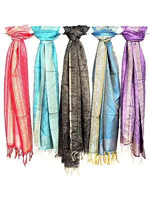 Lot of Five Banarasi Tanchoi Scarves