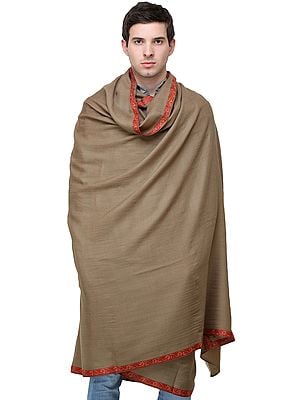 Pure Wool Men's Shawl from Kashmir with Sozni-Embroidered Border and Motifs