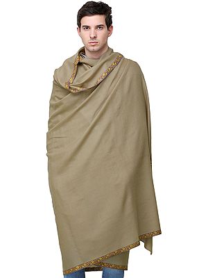 Pure Wool Men's Shawl from Kashmir with Sozni-Embroidered Border and Motifs