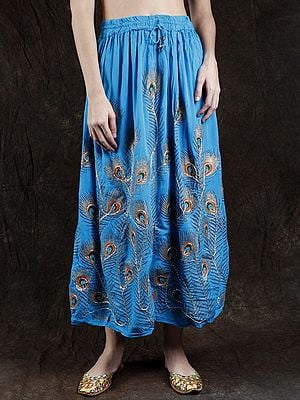 Long Skirt with Printed Peacock Feather and Embroidered Sequins