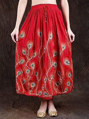 Long Skirt with Printed Peacock Feather and Embroidered Sequins