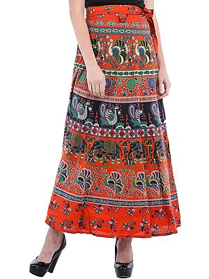 Wrap-On Long Skirt from Pilkhuwa with Printed Paisleys and Elephants