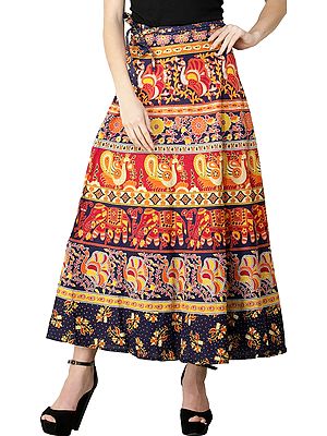 Wrap-On Long Skirt from Pilkhuwa with Printed Paisleys and Elephants