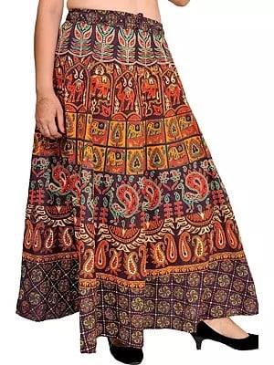 Sanganeri Long Skirt with Printed Elephants and Peacocks