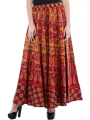 Sanganeri Long Skirt with Printed Elephants and Peacocks