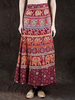 Wrap-Around Long Skirt with Printed Elephants and Deer