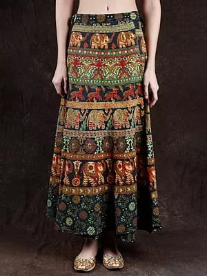 Wrap-Around Long Skirt with Printed Elephants and Deer