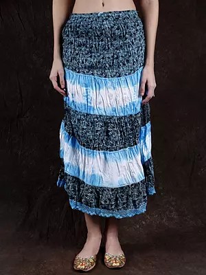 Cyan-Blue Midi-Skirt with Printed Paisleys and Lace