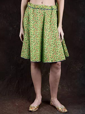 Bright-Lime Green Drawstring Short Skirt with Printed Leaves