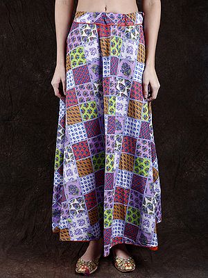 Floral Printed Long Patchwork Skirt with Piping