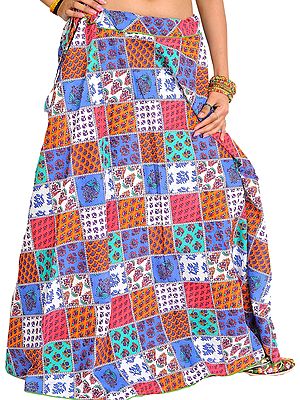 Floral Printed Long Patchwork Skirt with Piping