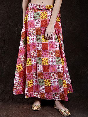 Floral Printed Long Patchwork Skirt with Piping