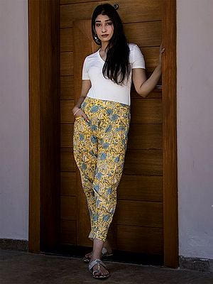 Sunshine-Yellow Knife Pleated Floral Printed Pants
