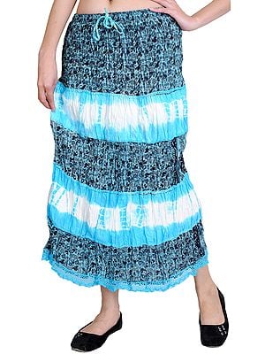 Cyan-Blue Midi-Skirt with Printed Paisleys and Lace