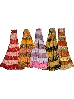 Lot of Five Multi-Colored Patchwork Sari Skirts with Wide Elastic Waist
