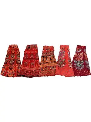 Lot of Five Sanganeri Wrap-Around Printed Mini-Skirts