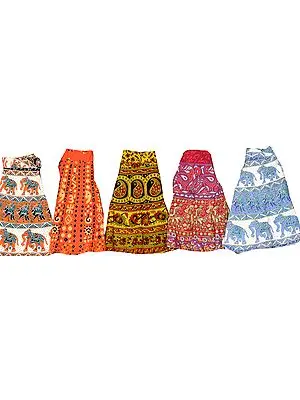 Lot of Five Wrap-Around Mini Skirts with Sanganeri Print