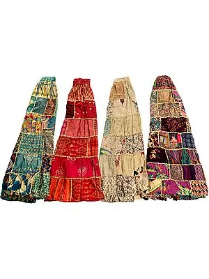 Lot of Four Long Printed Dori Skirt from Gujarat with Patch Work