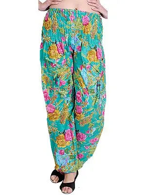 Marine-Green Casual Trousers With Printed Flowers