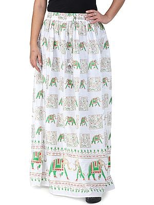Digitally Printed Casual Skirt with Motifs of Elephants And Flowers From Pilkhuwa