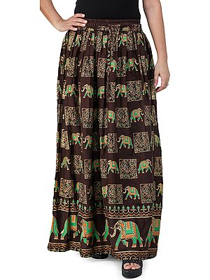 Digitally Printed Casual Skirt with Motifs of Elephants and Flowers from Pilkhuwa
