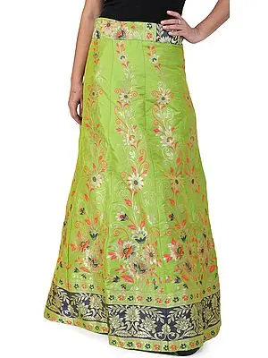 Titanite-Green Long Brocade Drawstring Skirt from Gujarat with Floral Vines