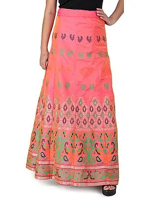 Coral-Paradise Long Brocade Drawstring Skirt from Gujarat with Peacock Motifs (Dual-Tone)