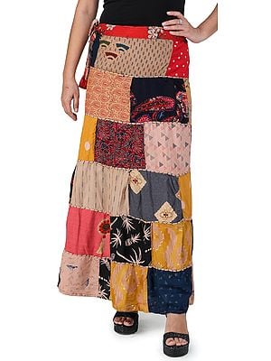 Exotic India Long Printed Dori Skirt from Gujarat with Patch Work