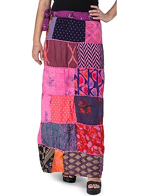 Printed Long Boho Wrap-On Long Skirt from Gujarat with Patch Work